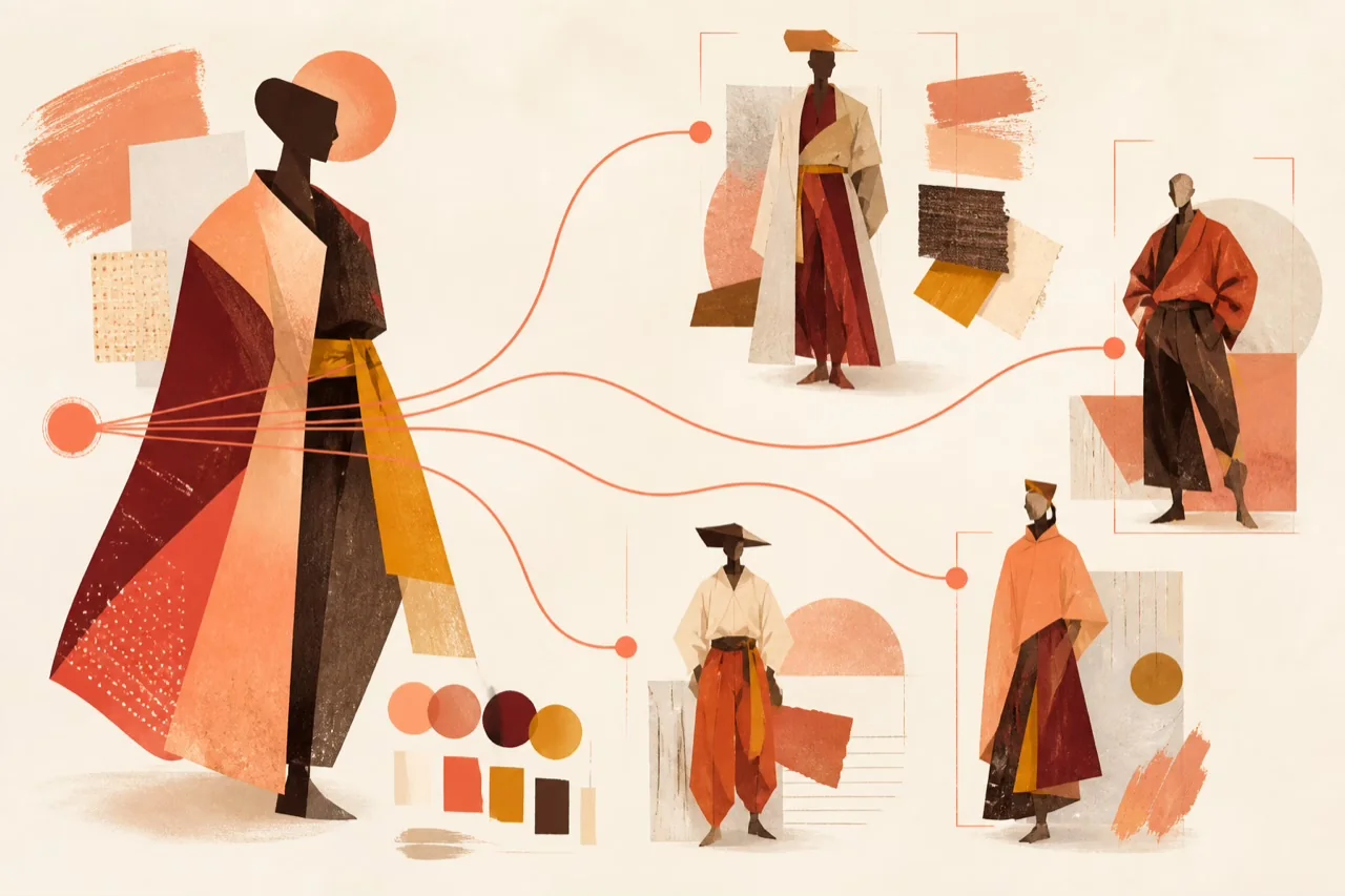 Warm abstract character concept variations connected by flowing lines