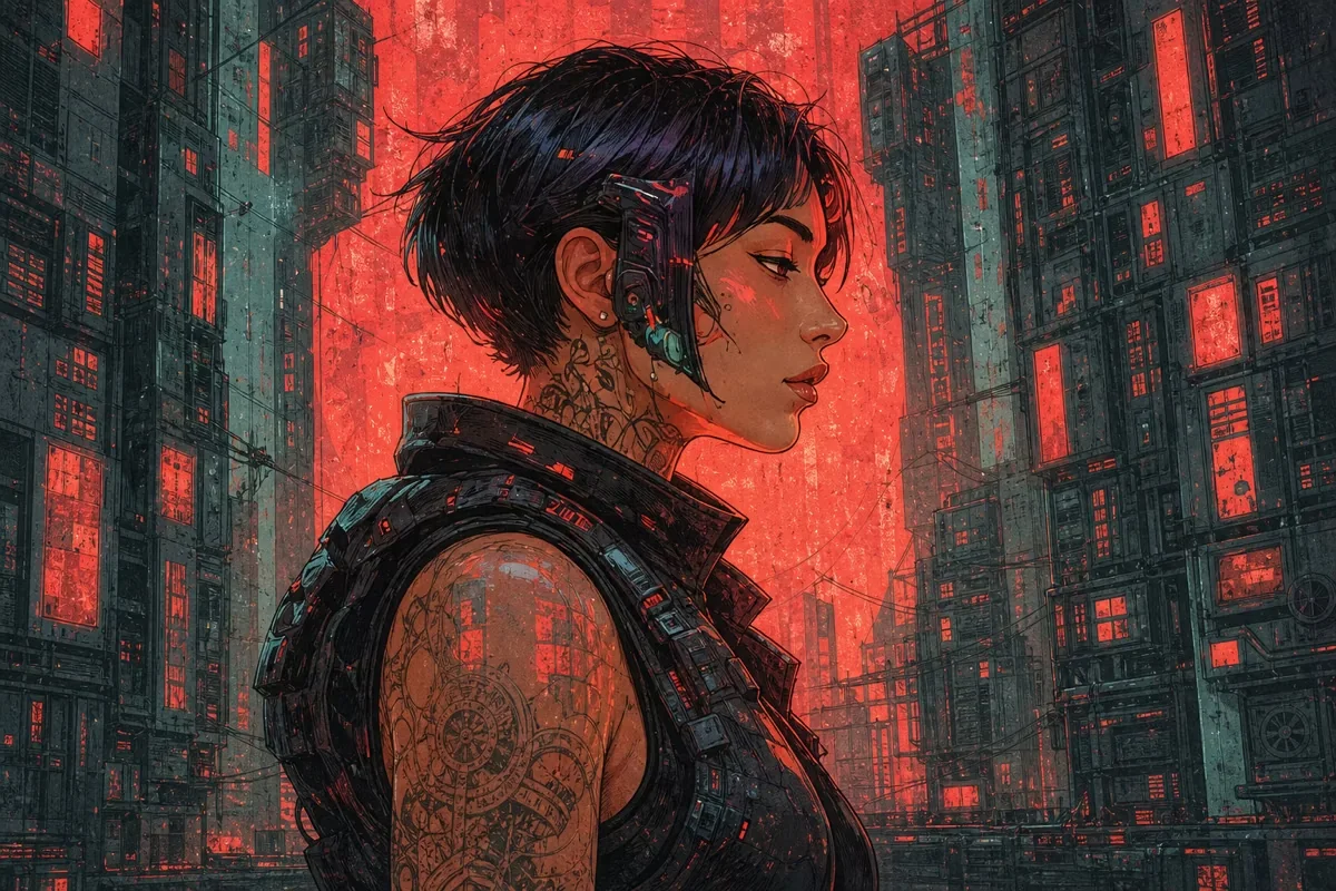 Coral and teal cyberpunk character