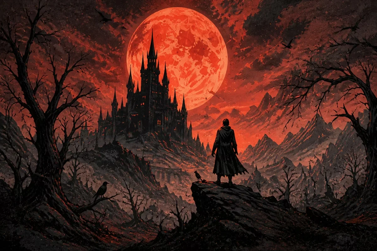 Red moon gothic fantasy landscape