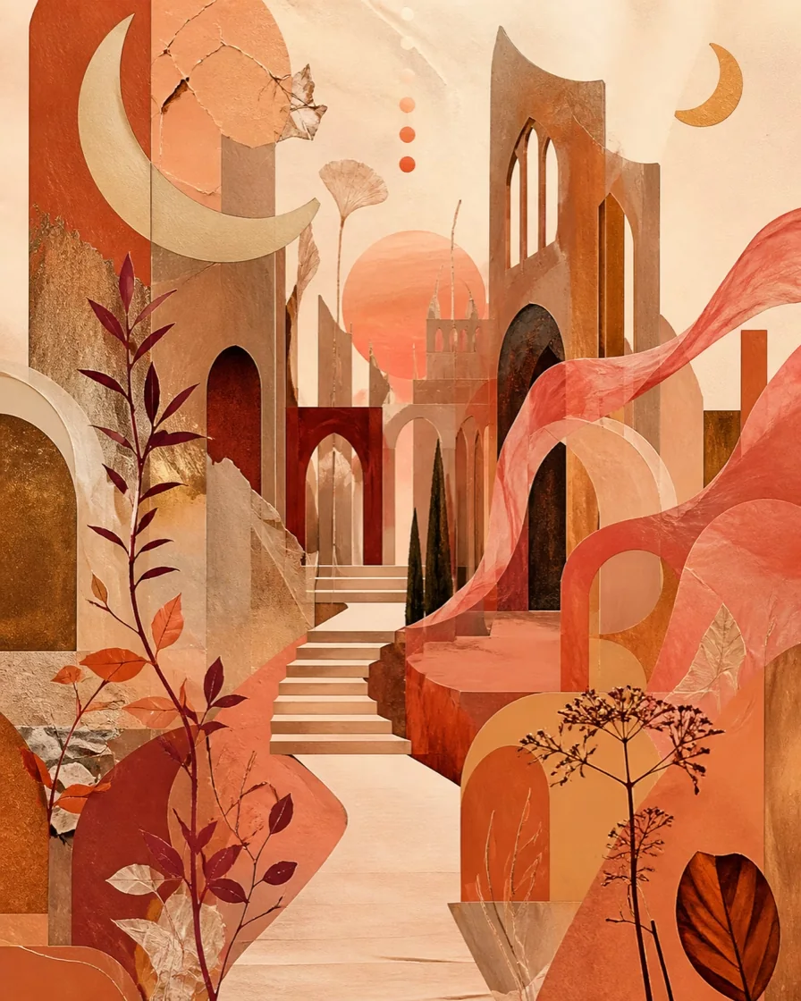 Warm abstract gothic city made from layered paper and painted shapes